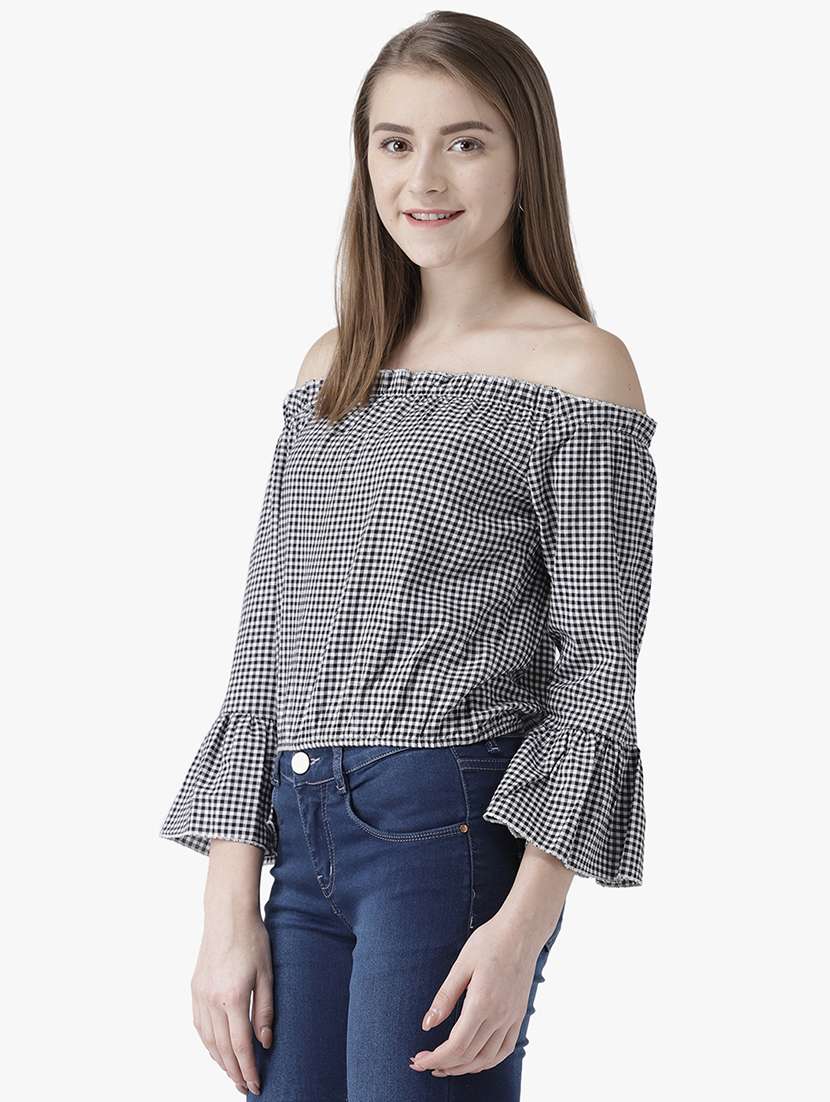 women checkered off shoulder bell sleeve top - 22380902 -  Standard Image - 1