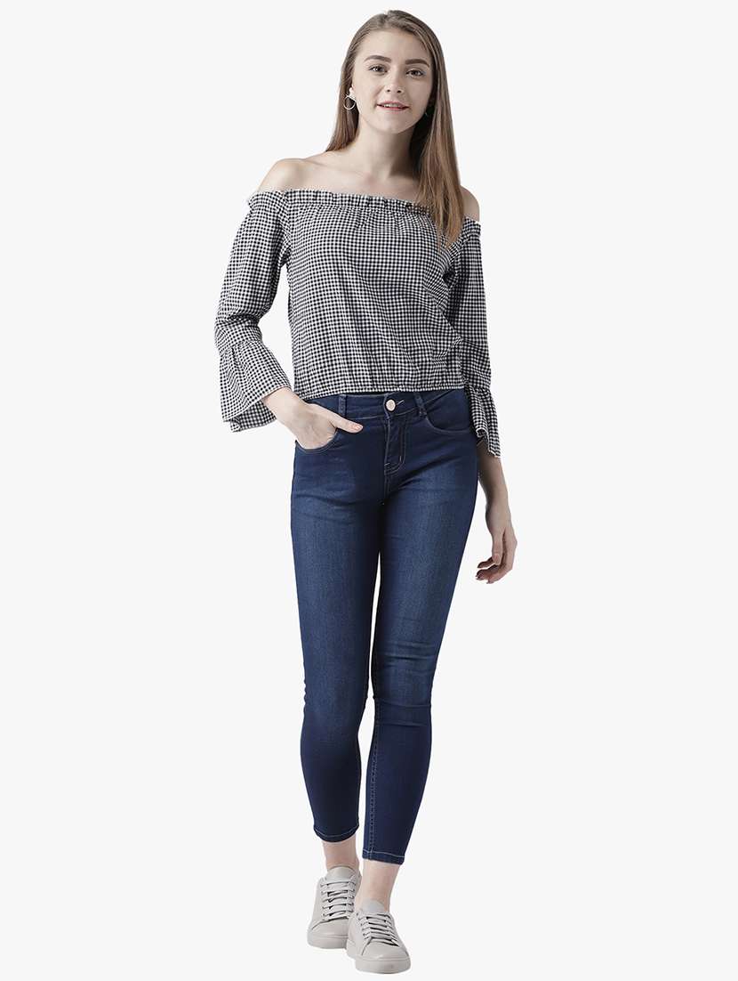 women checkered off shoulder bell sleeve top - 22380902 -  Standard Image - 4