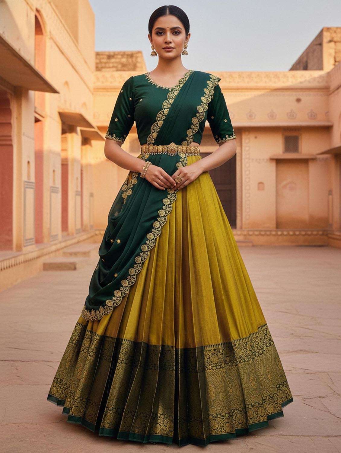 yellow silk flared lehenga - 22380917 -  Standard Image - 1