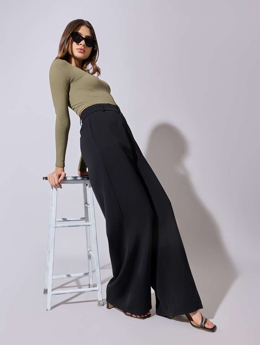 women solid high rise wide leg trouser - 22380922 -  Standard Image - 6