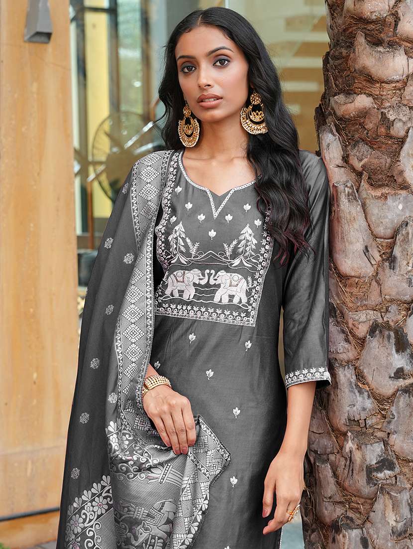 women solid with work three quarter sleeve kurta pant with dupatta set - 22380928 -  Standard Image - 1