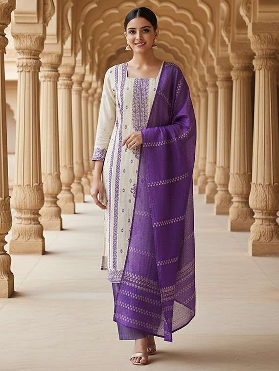 women solid with work three quarter sleeve kurta pant with dupatta set - 22380935 -  Standard Image - 1