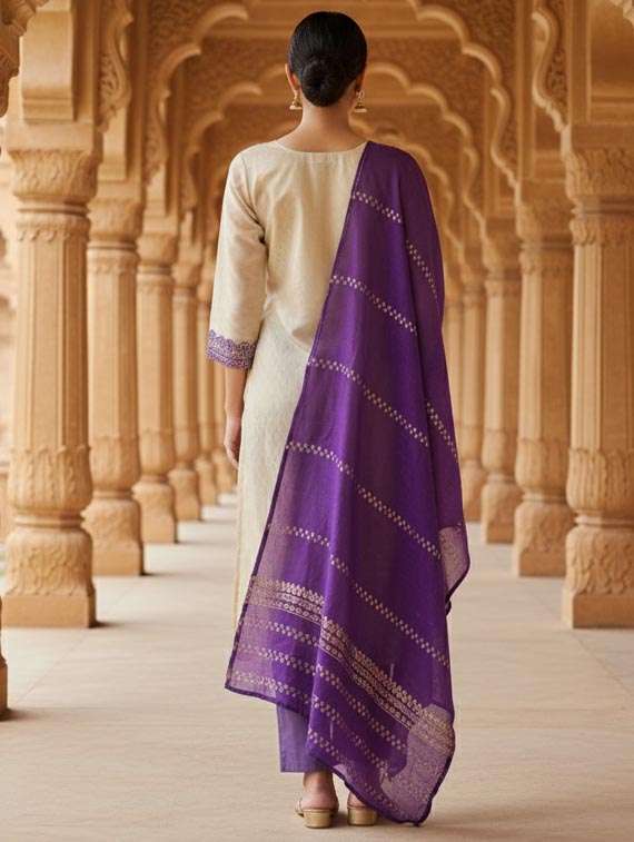 women solid with work three quarter sleeve kurta pant with dupatta set - 22380935 -  Standard Image - 4