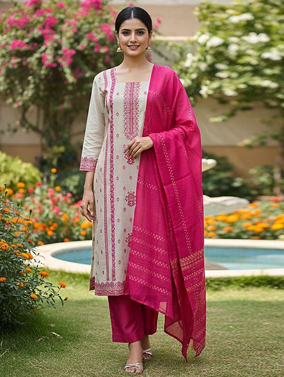 women solid with work three quarter sleeve kurta pant with dupatta set - 22380936 -  Standard Image - 1