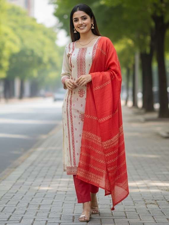 women solid with work three quarter sleeve kurta pant with dupatta set - 22380937 -  Standard Image - 1