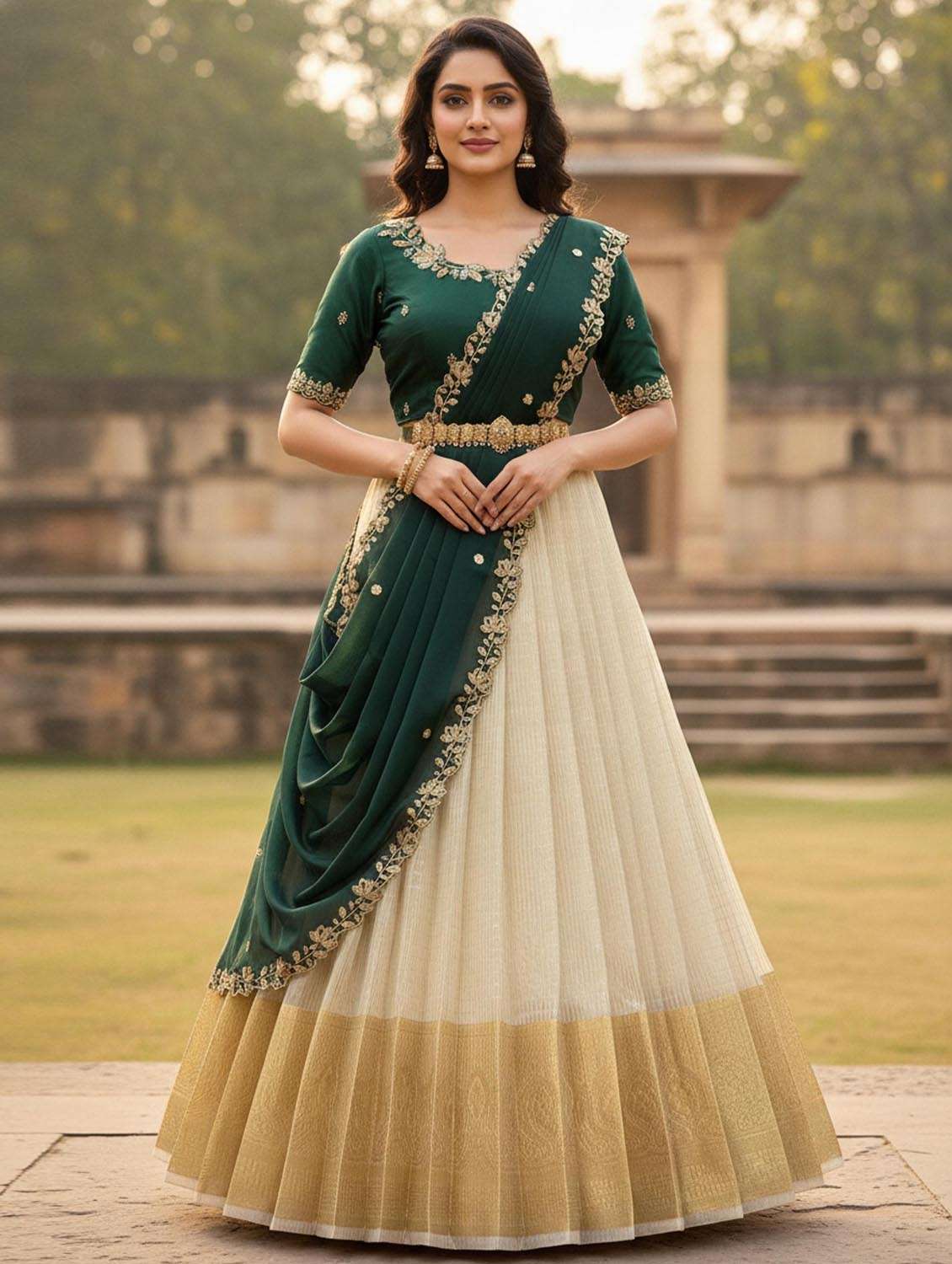 bottle green silk flared lehenga - 22380954 -  Standard Image - 1