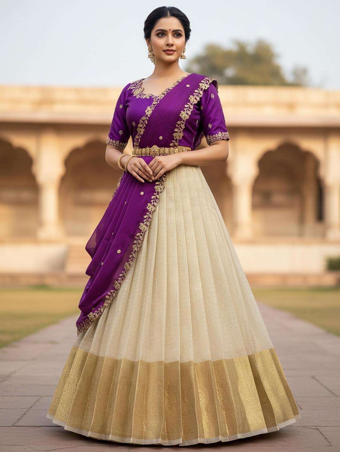 Women Self Design South Indian Style Unstitched Lehenga Choli Set - 22380955 -  Standard Image - 1