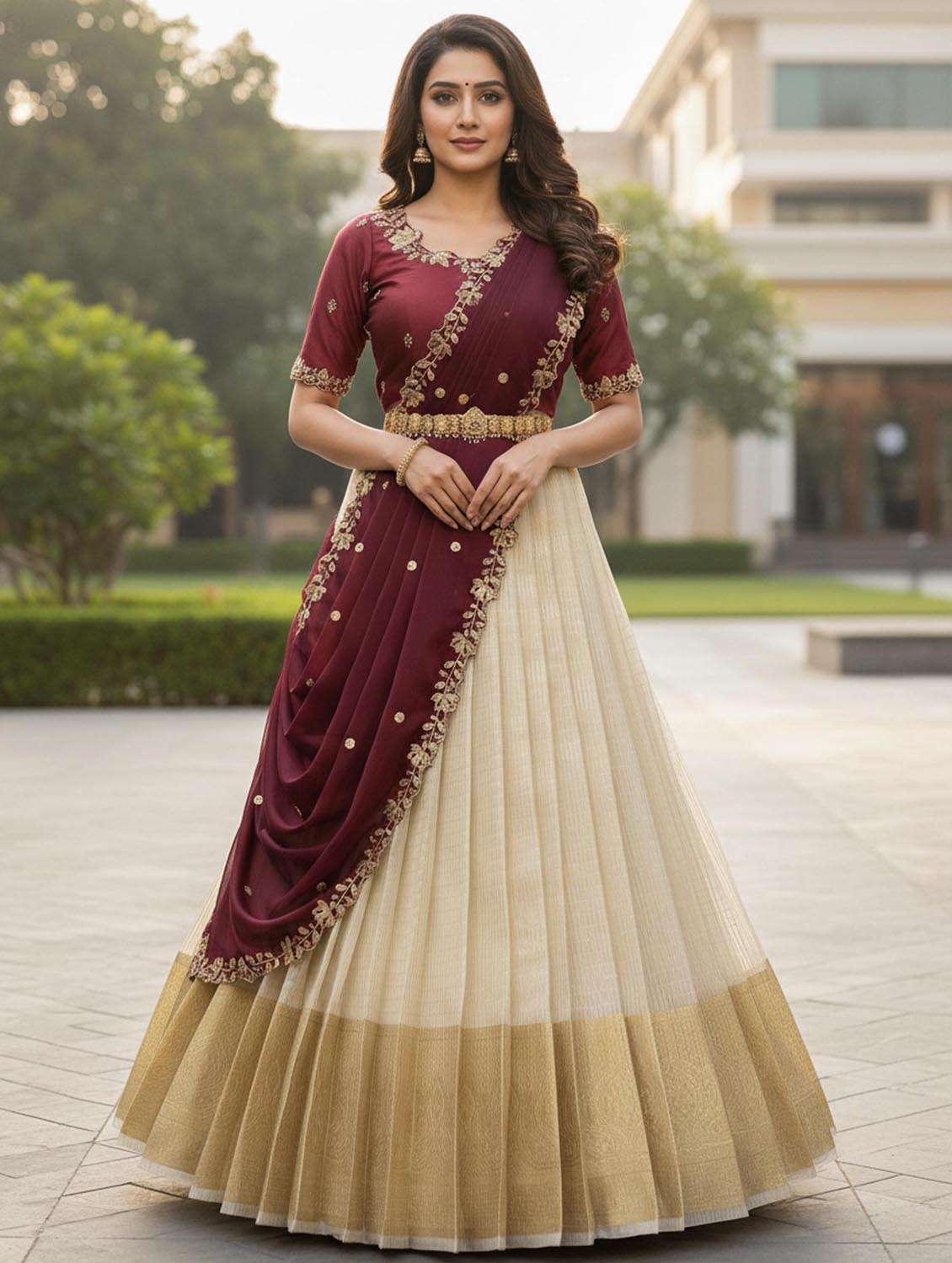 women self design south indian style unstitched lehenga choli set - 22380956 -  Standard Image - 1