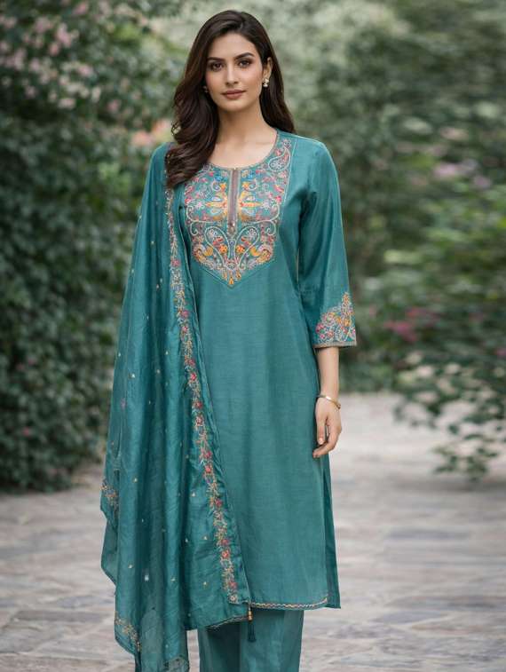 women solid with work three quarter sleeve kurta pant with dupatta set - 22380967 -  Standard Image - 1