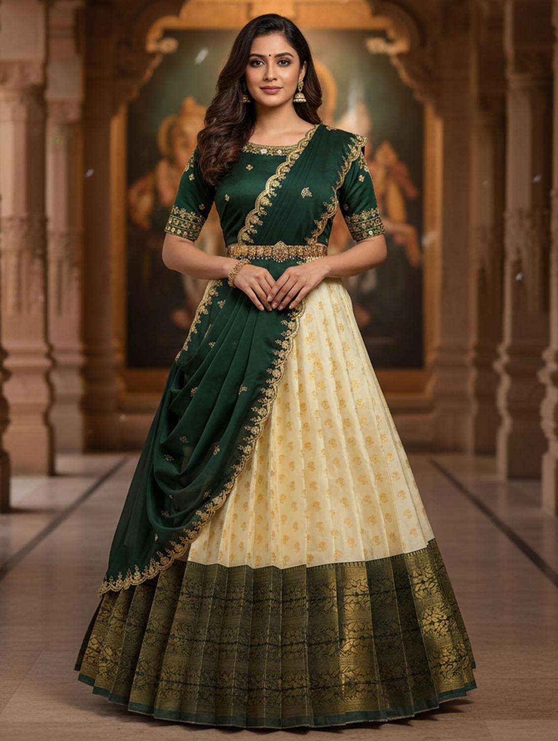women self design south indian style unstitched lehenga choli set - 22380969 -  Standard Image - 1