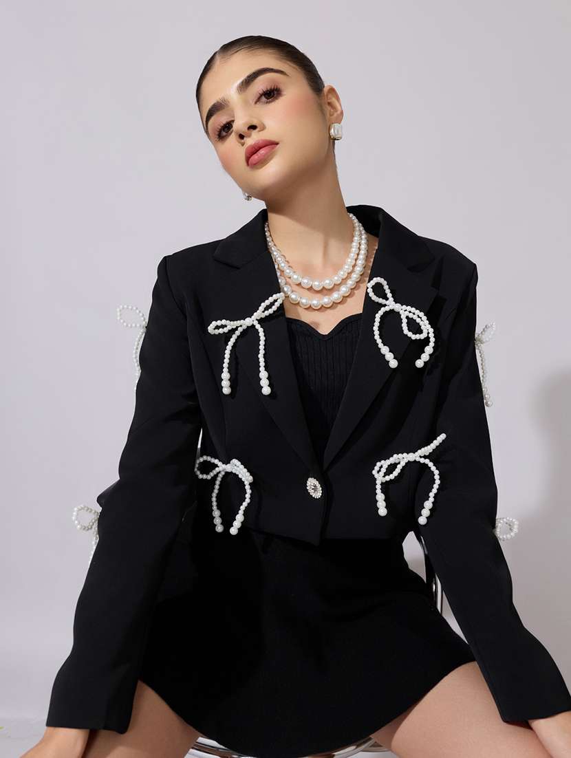 women solid long sleeve crop casual blazer