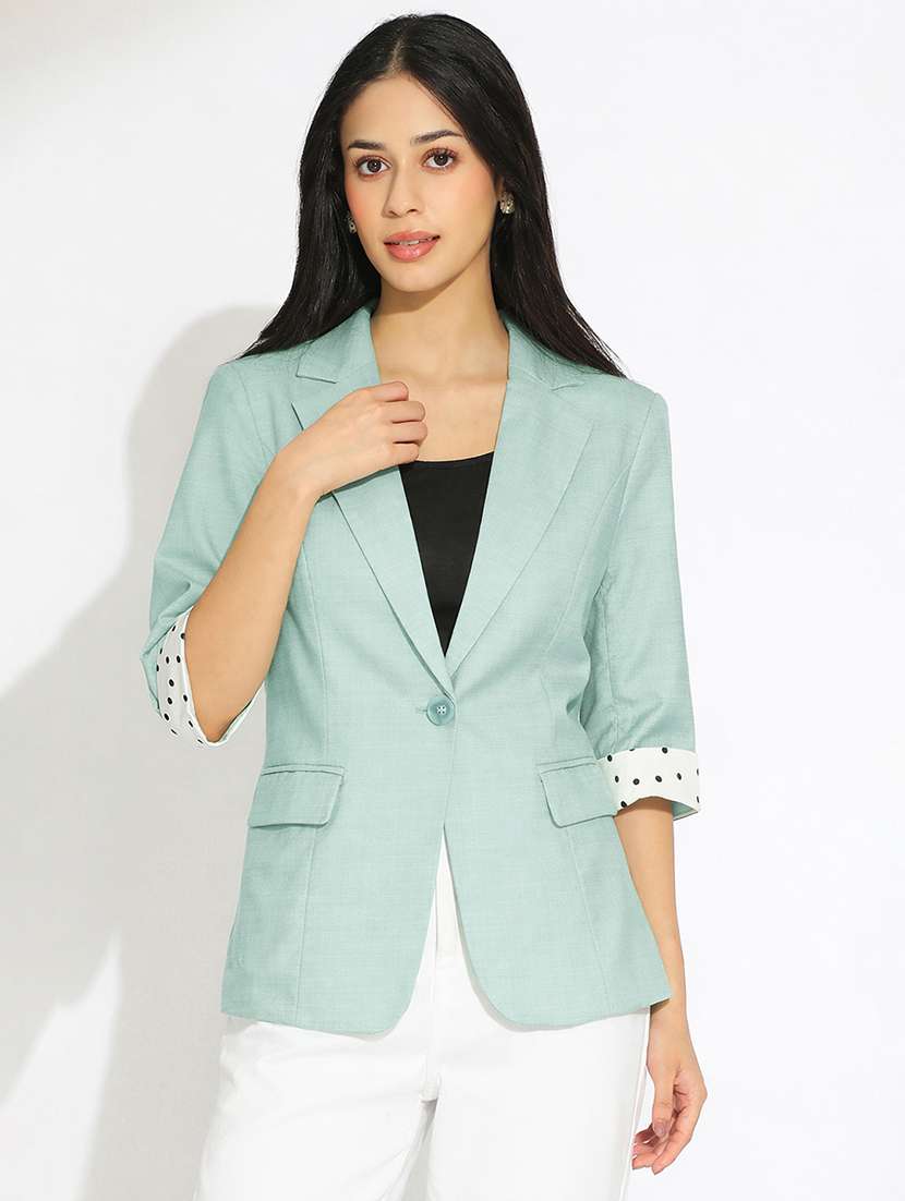 women solid three quarter sleeve single breasted blazer - 22381002 -  Standard Image - 4