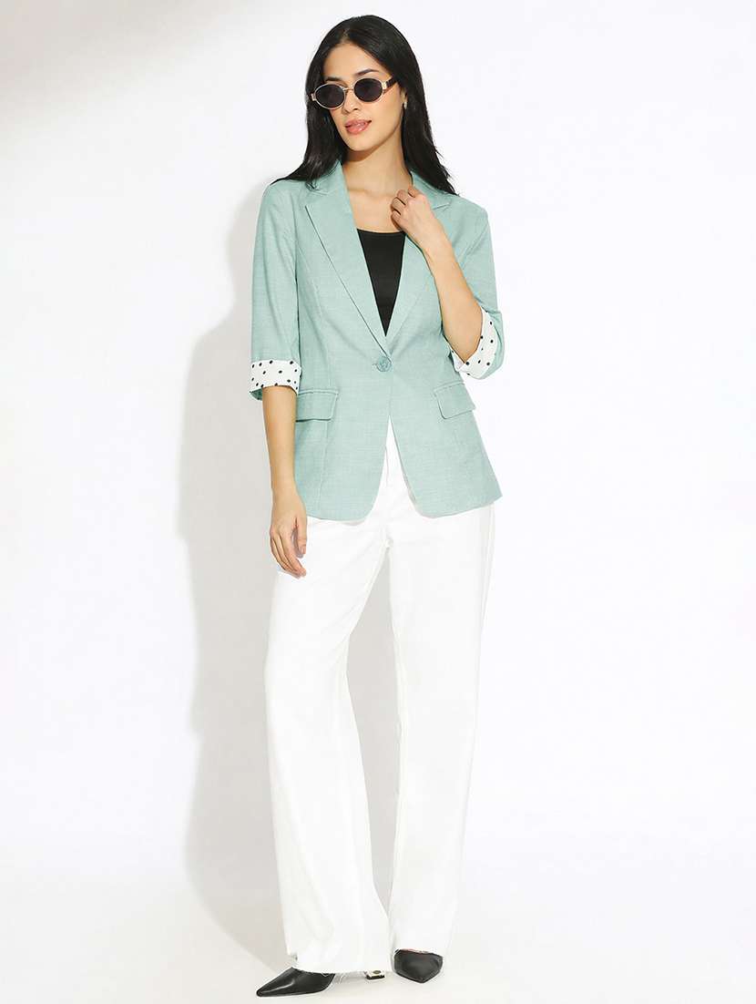 women solid three quarter sleeve single breasted blazer - 22381002 -  Standard Image - 6