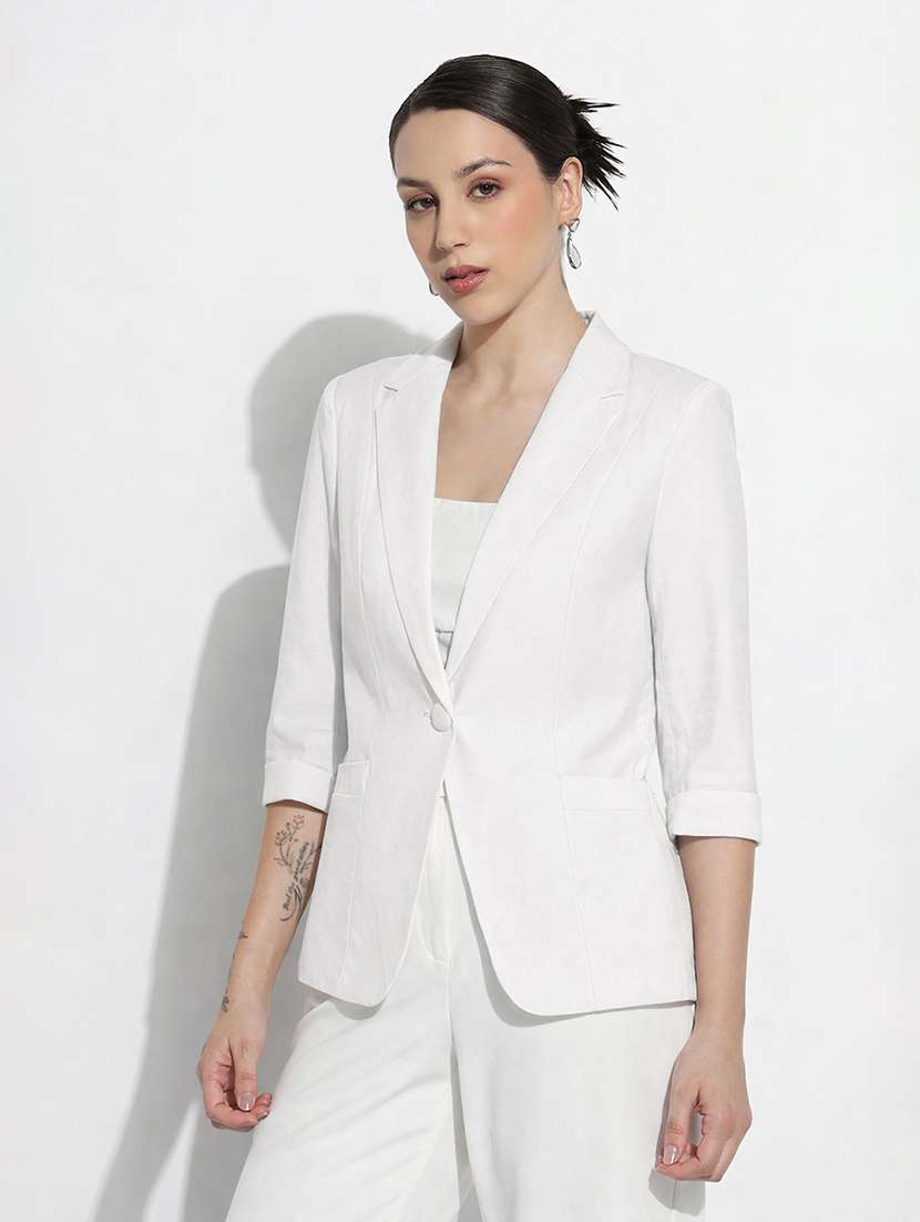 women solid three quarter sleeve single breasted blazer - 22381003 -  Standard Image - 4