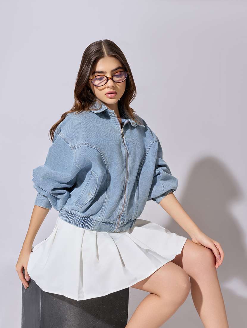 women solid long sleeve denim jacket