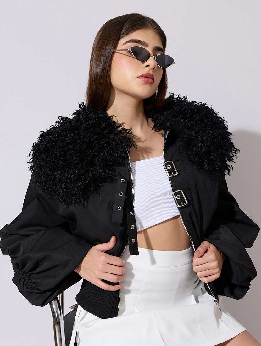 women solid long sleeve biker jacket
