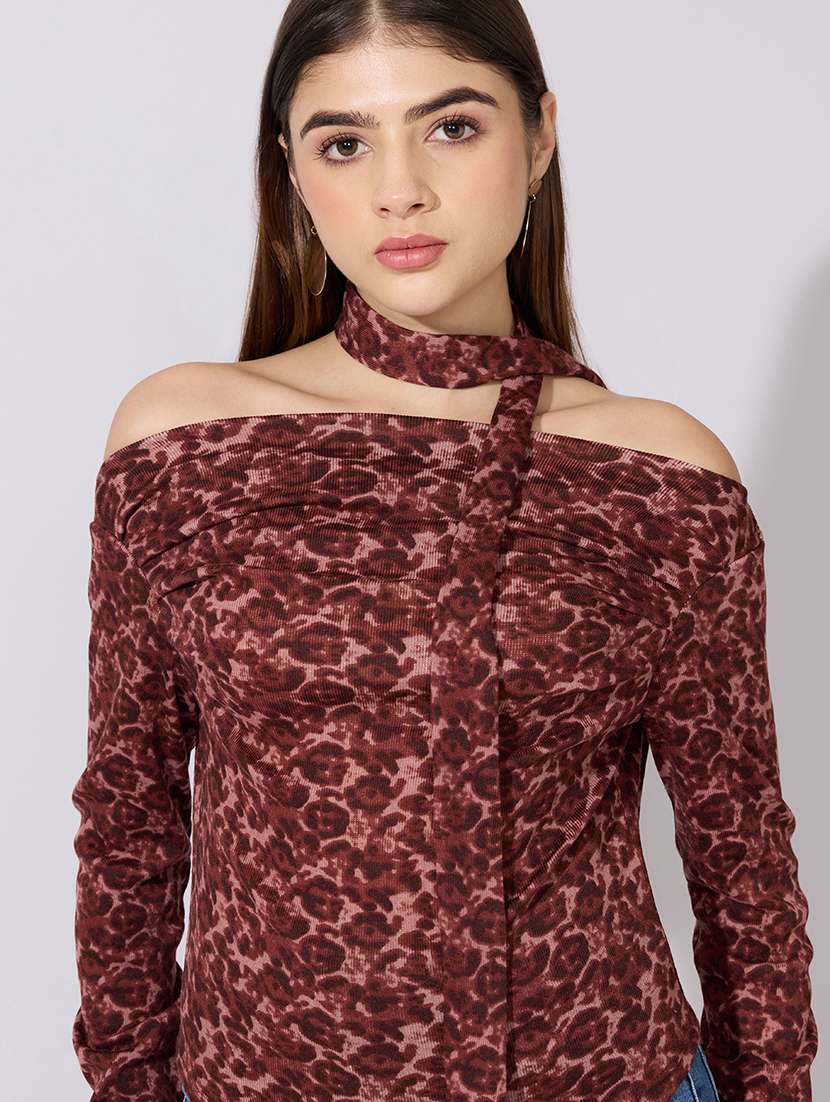 women printed off shoulder long sleeve top with neck tie - 22381043 -  Standard Image - 1