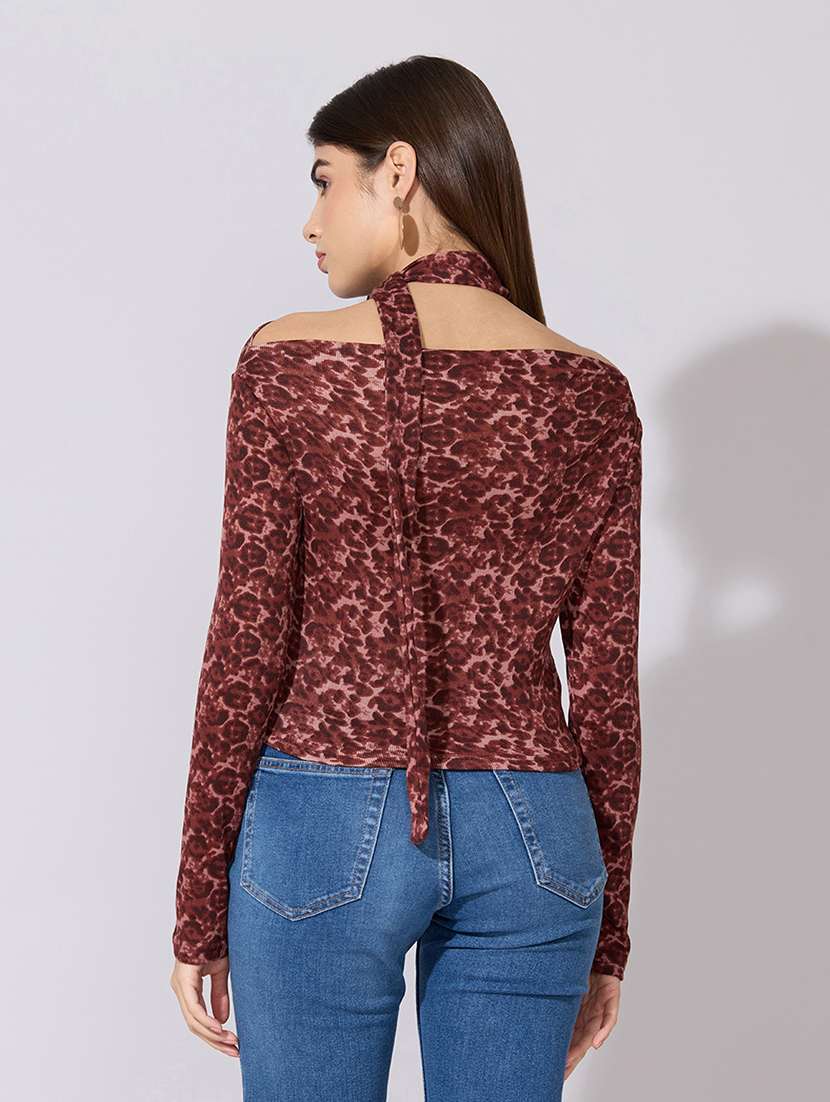women printed off shoulder long sleeve top with neck tie - 22381043 -  Standard Image - 4