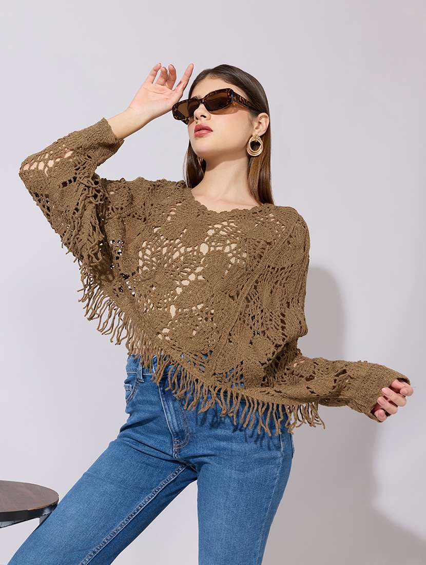 women self designed long sleeve crochet top