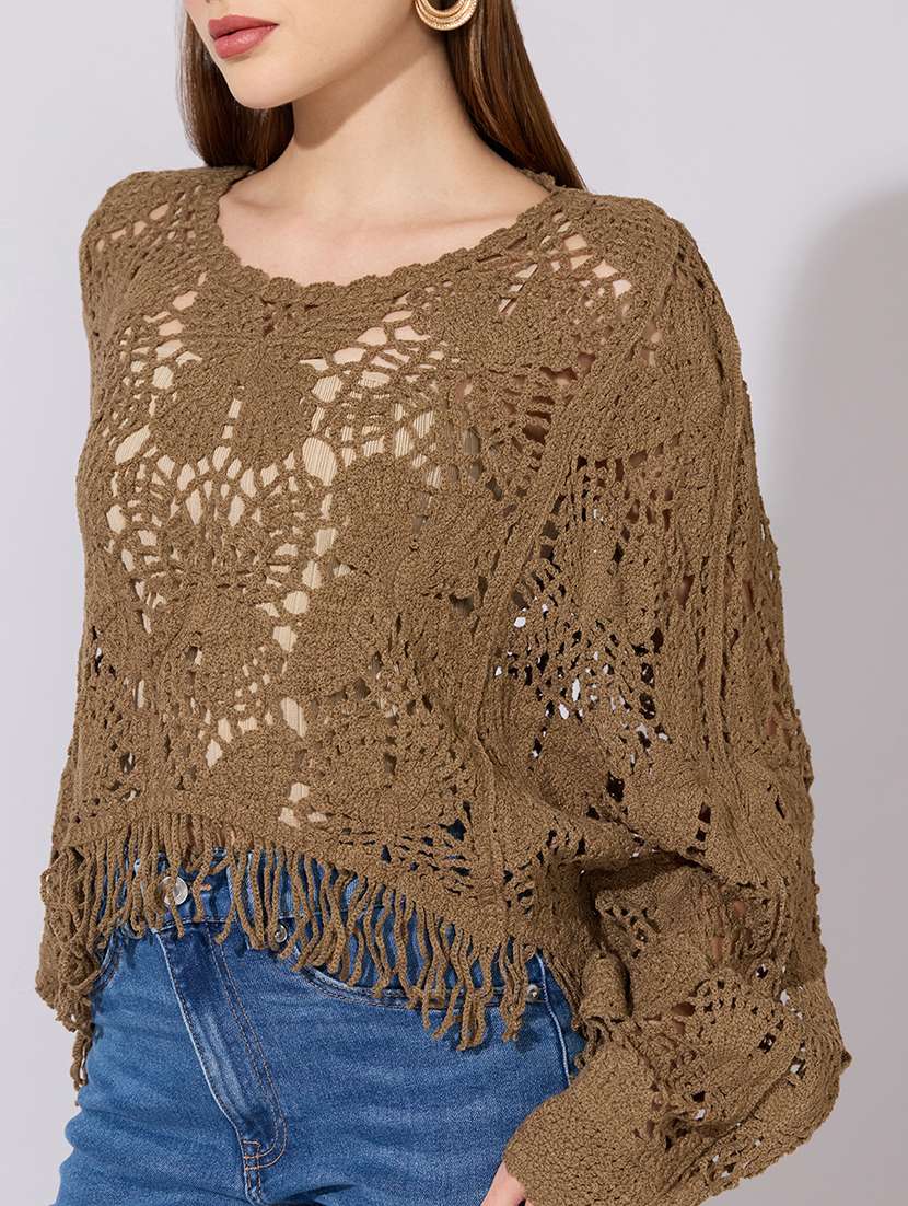 women self designed long sleeve crochet top - 22381046 -  Standard Image - 1