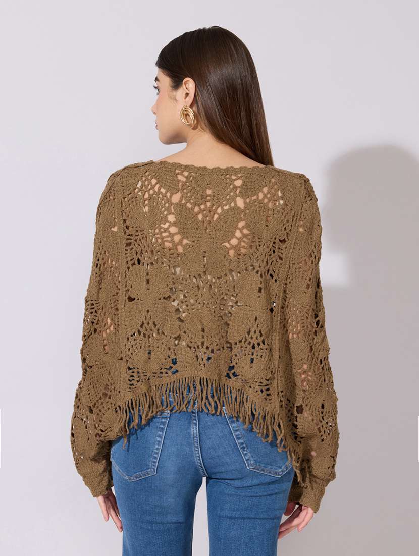 women self designed long sleeve crochet top - 22381046 -  Standard Image - 4