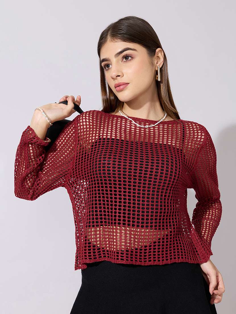 women self designed long sleeve crop top with slip