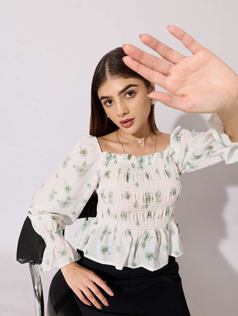 women printed puff sleeve peplum top