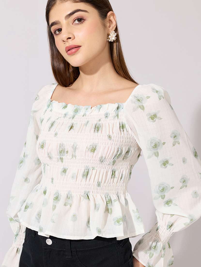 women printed puff sleeve peplum top - 22381049 -  Standard Image - 1