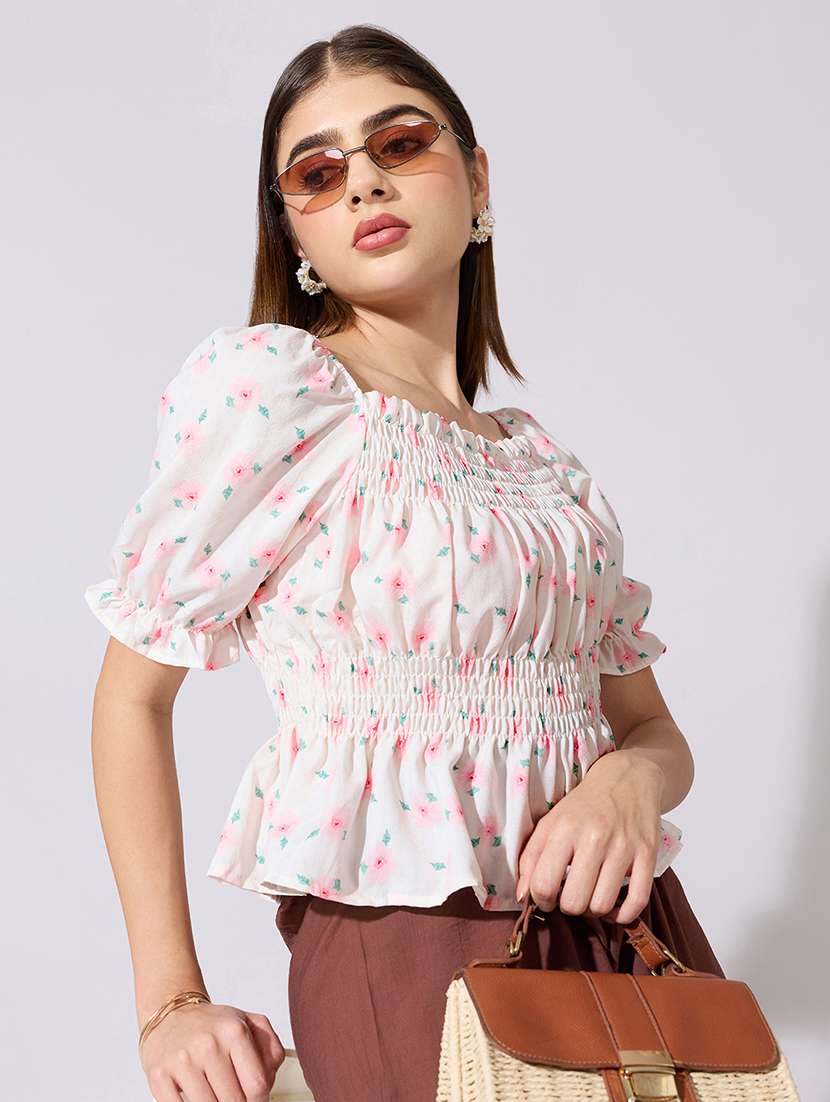 women printed puff sleeve peplum top