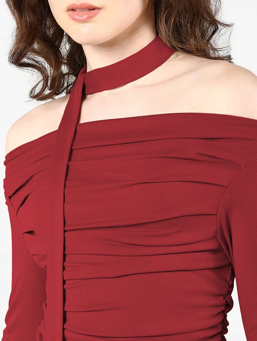 women solid off shoulder long sleeve top with neck tie - 22381060 -  Standard Image - 1