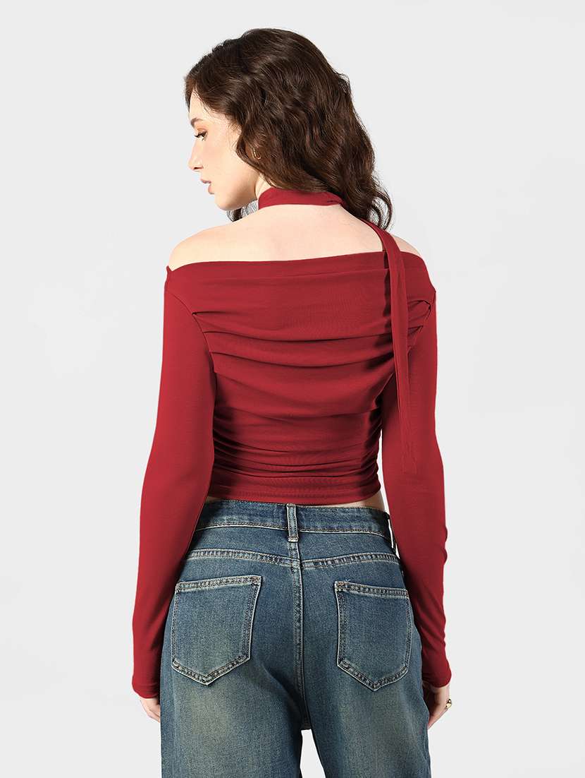 women solid off shoulder long sleeve top with neck tie - 22381060 -  Standard Image - 4