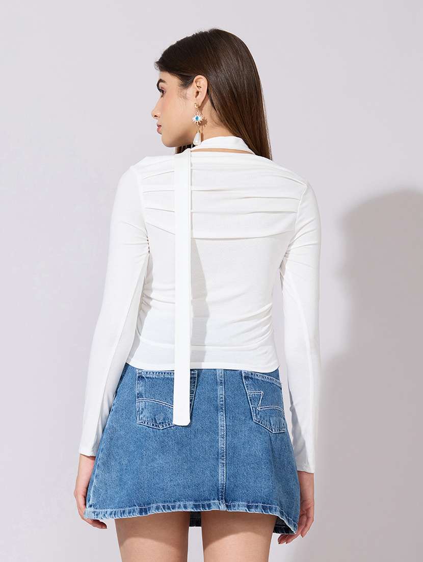 women solid long sleeve top with neck tie - 22381061 -  Standard Image - 4