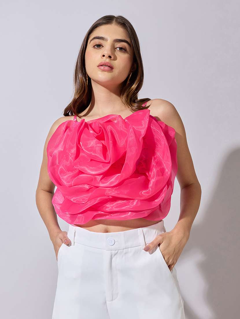 women solid starpless ruffle crop top