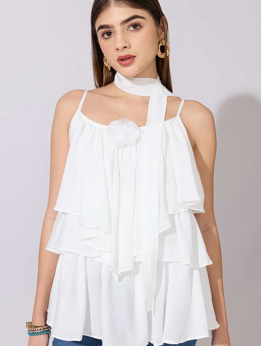 women solid shoulder strap ruffle top - 22381066 -  Standard Image - 1