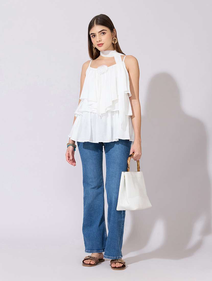 women solid shoulder strap ruffle top - 22381066 -  Standard Image - 6