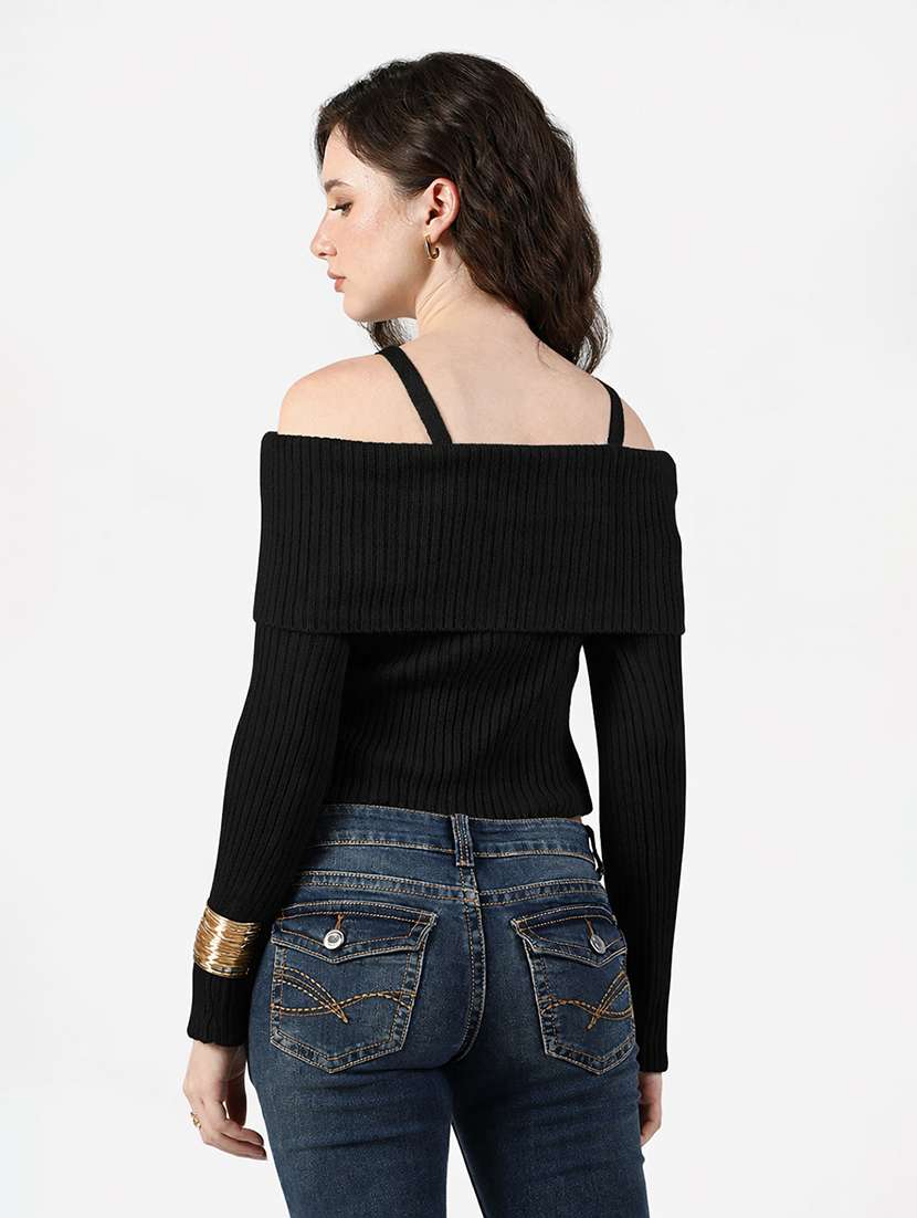women solid off shoulder long sleeve crop top - 22381071 -  Standard Image - 4