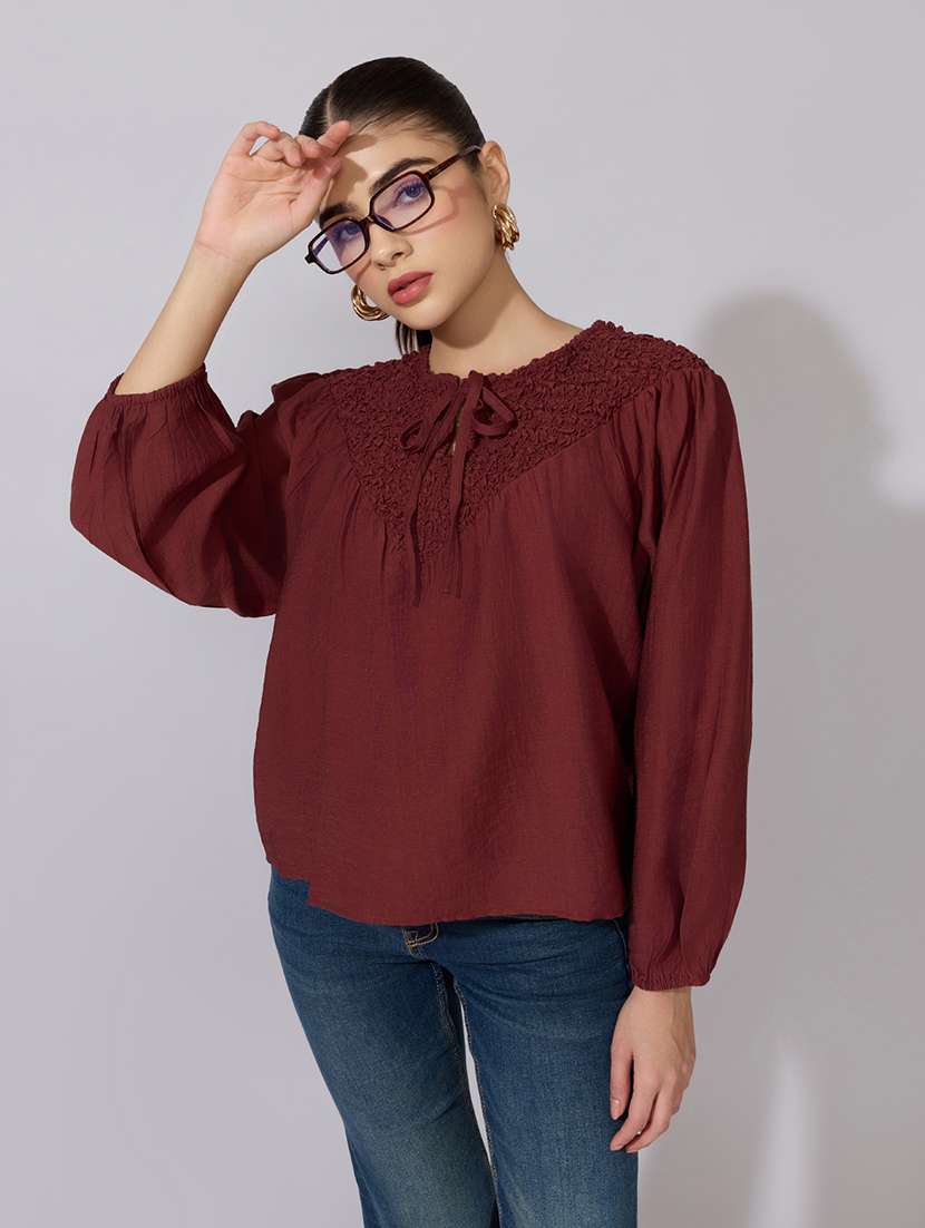 women solid tie-up neck long sleeve regular top