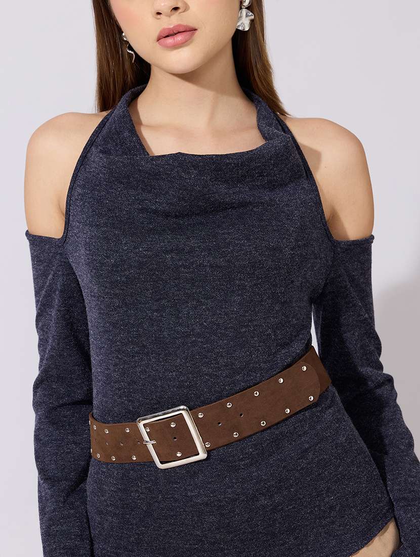 women solid cold shoulder staright top - 22381076 -  Standard Image - 1