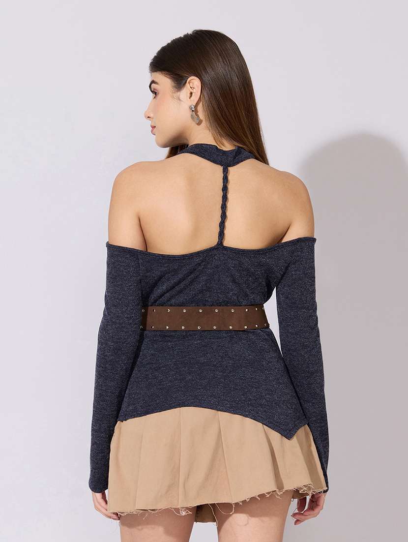 women solid cold shoulder staright top - 22381076 -  Standard Image - 4