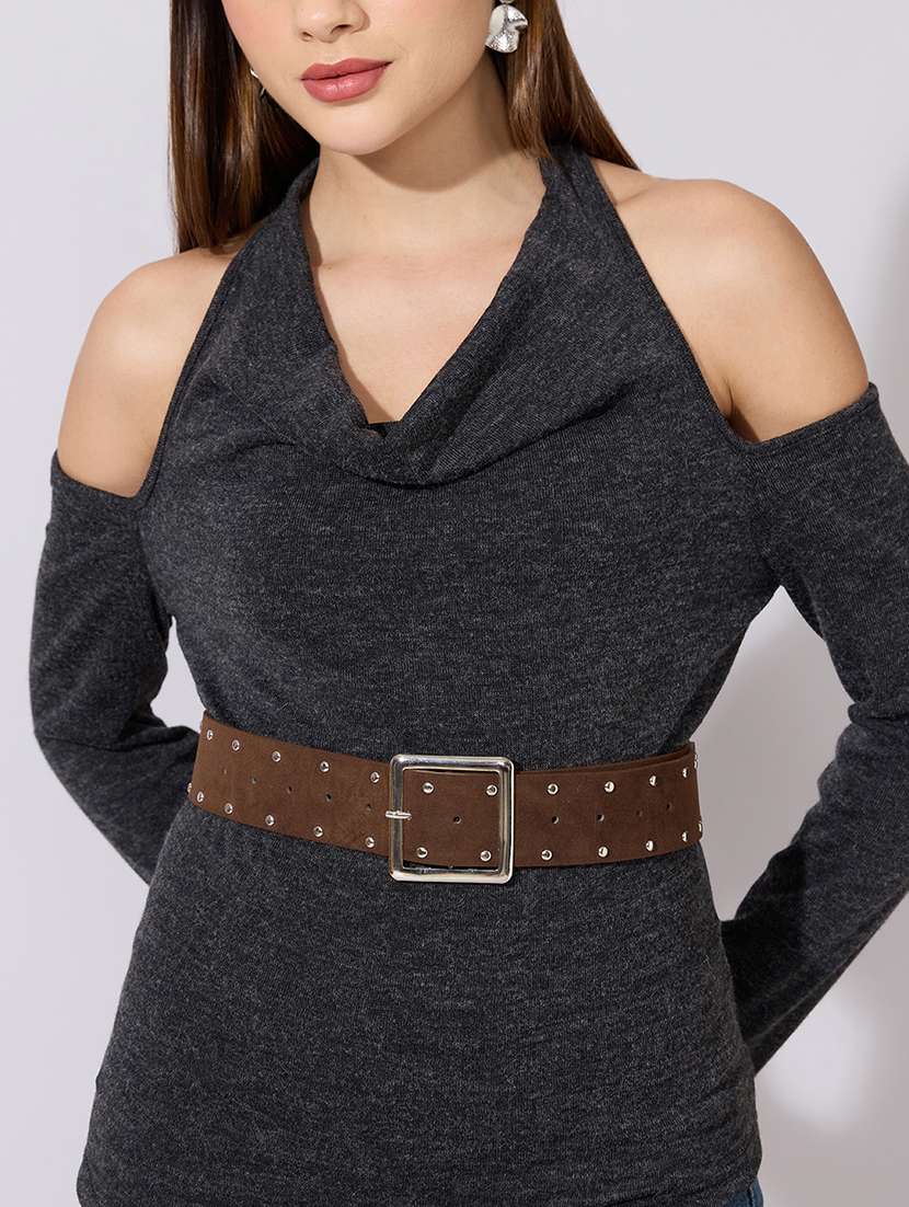 women solid cold shoulder straight top - 22381077 -  Standard Image - 1