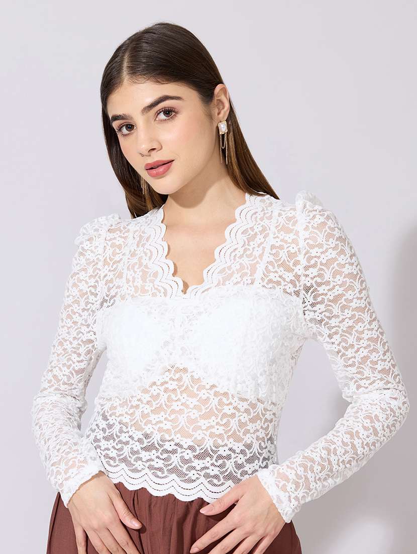 women solid long sleeve lace top - 22381079 -  Standard Image - 1