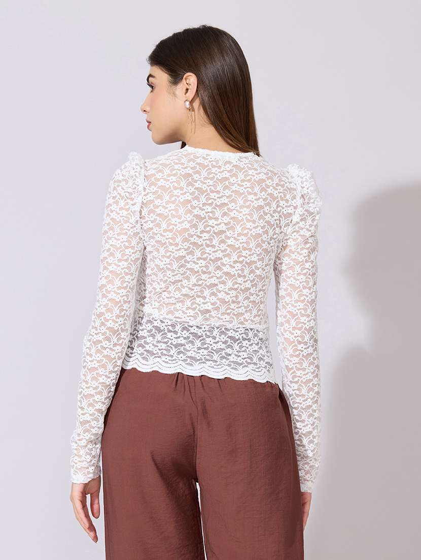 women solid long sleeve lace top - 22381079 -  Standard Image - 4