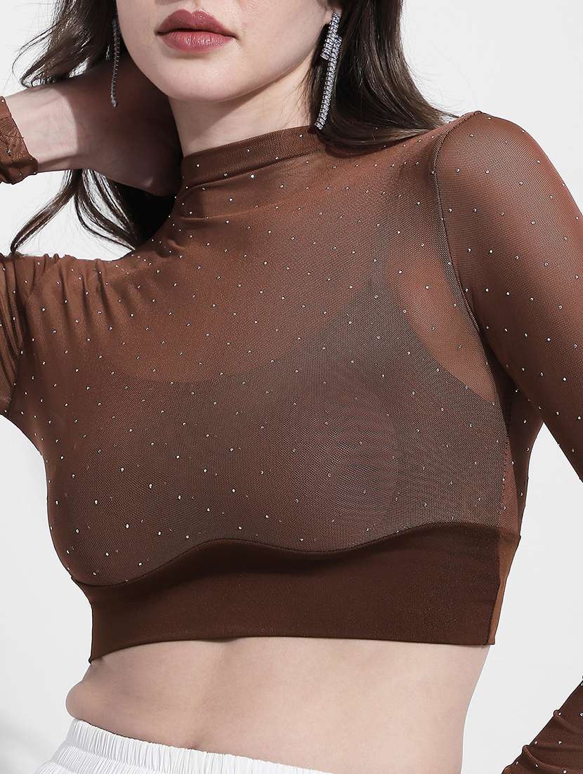 women solid long sleeve crop top - 22381083 -  Standard Image - 1