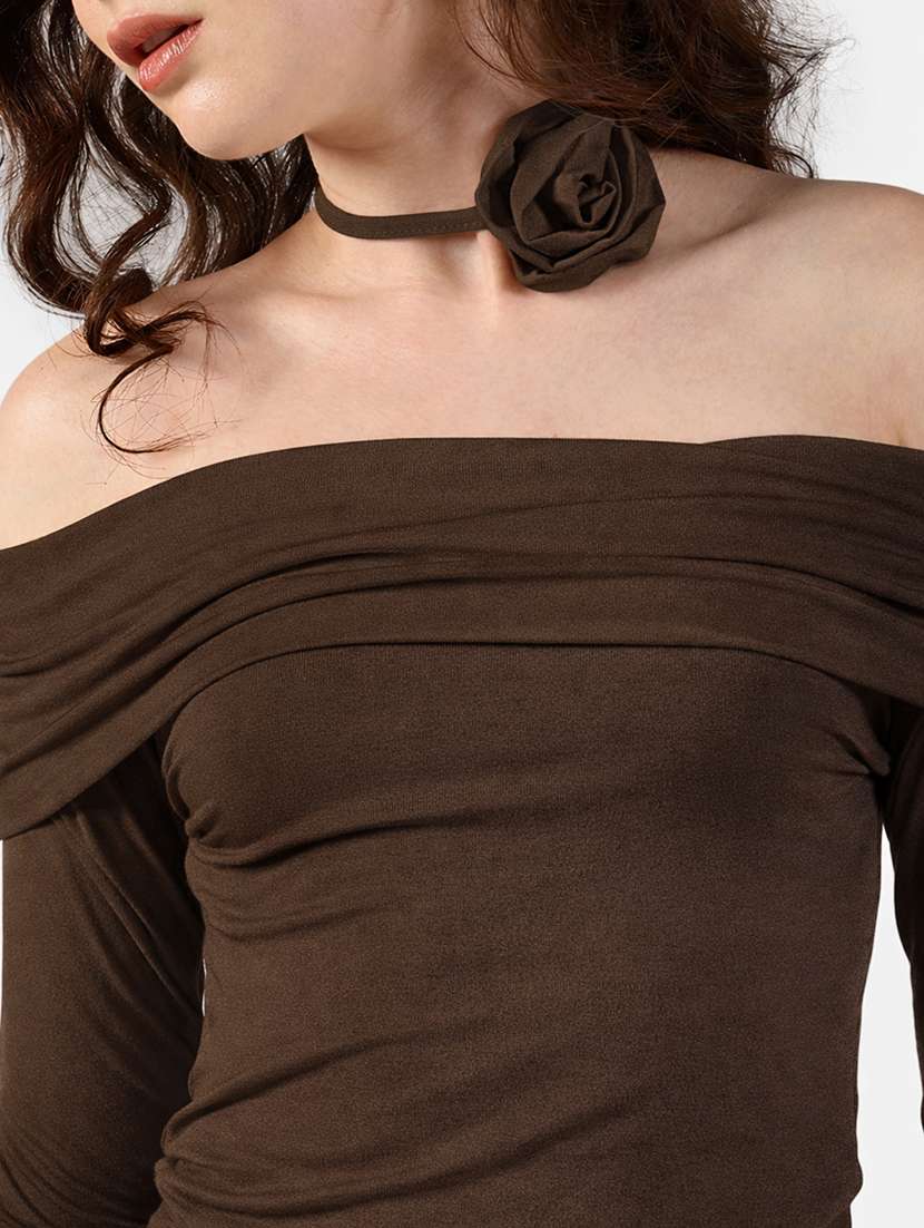 women solid off shoulder long sleeve top - 22381089 -  Standard Image - 1