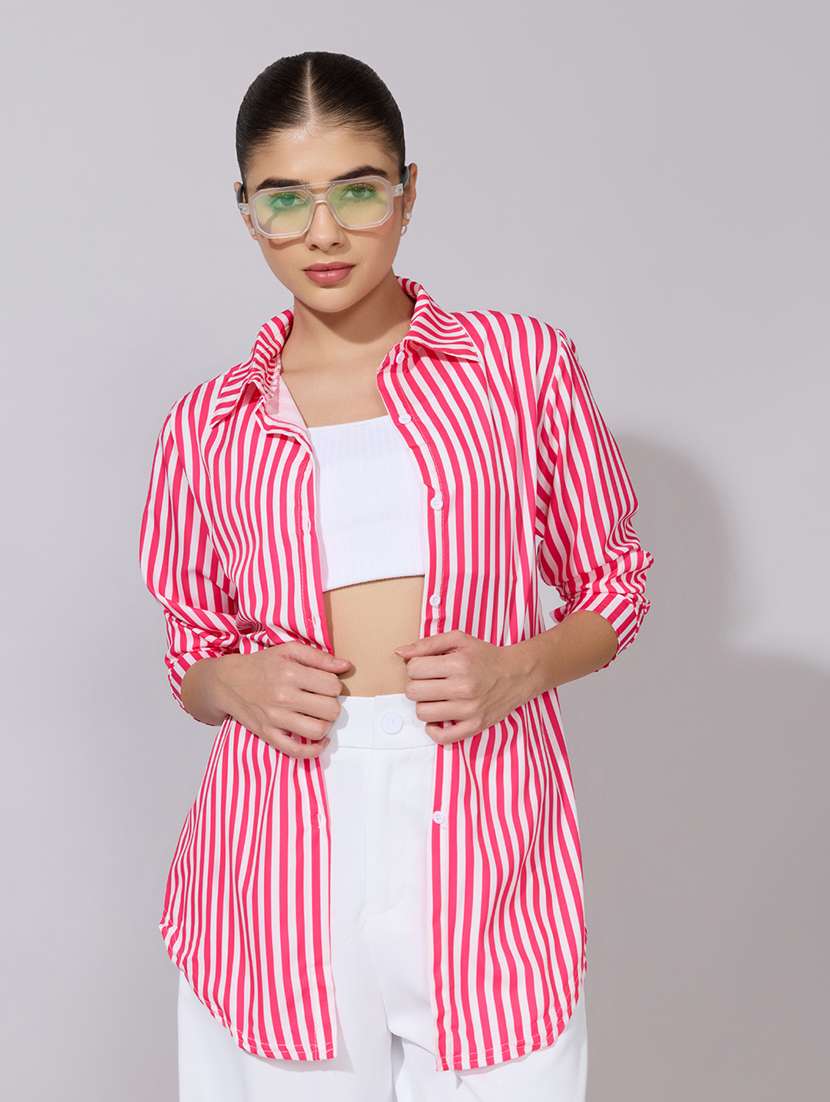 women striped collared long sleeve shirt
