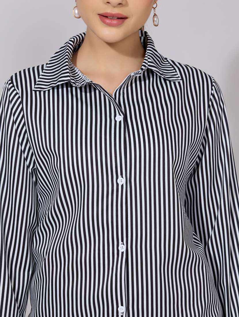 women striped collared long sleeve shirt - 22381095 -  Standard Image - 1