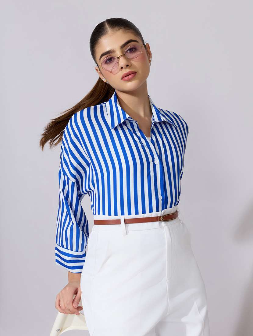 women striped collared long sleeve shirt