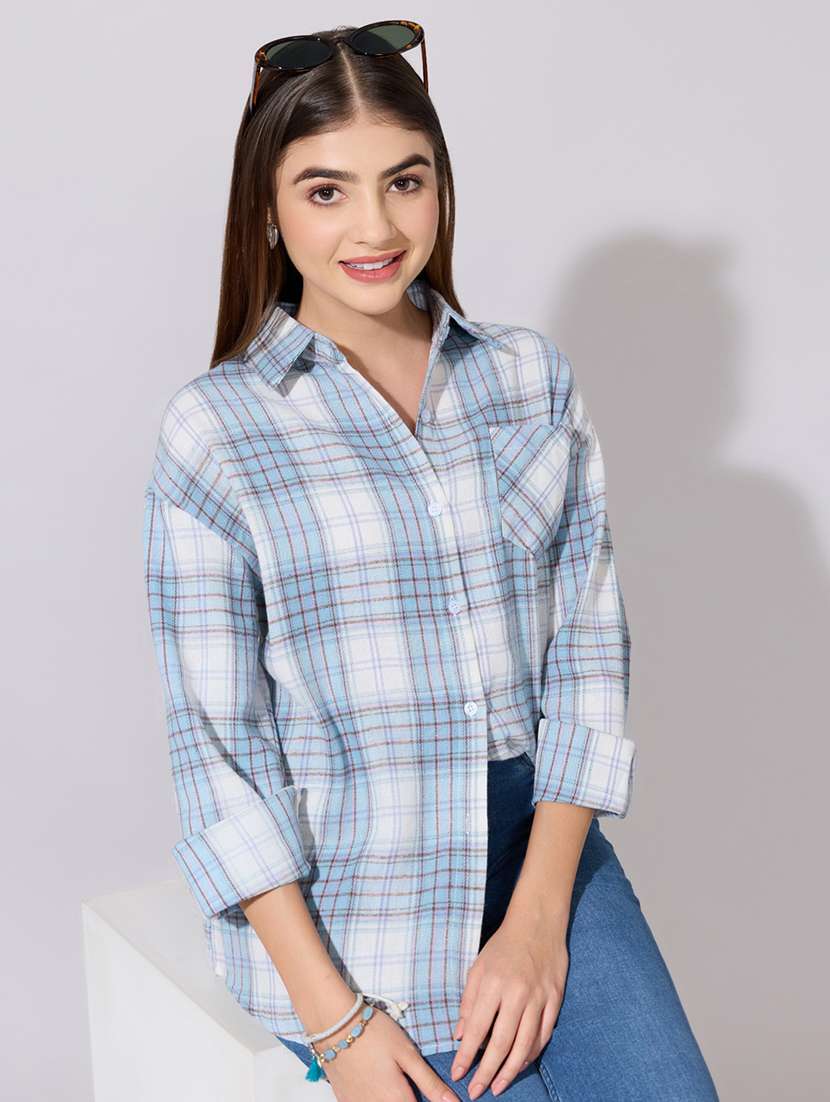 women checkered collared long sleeve shirt