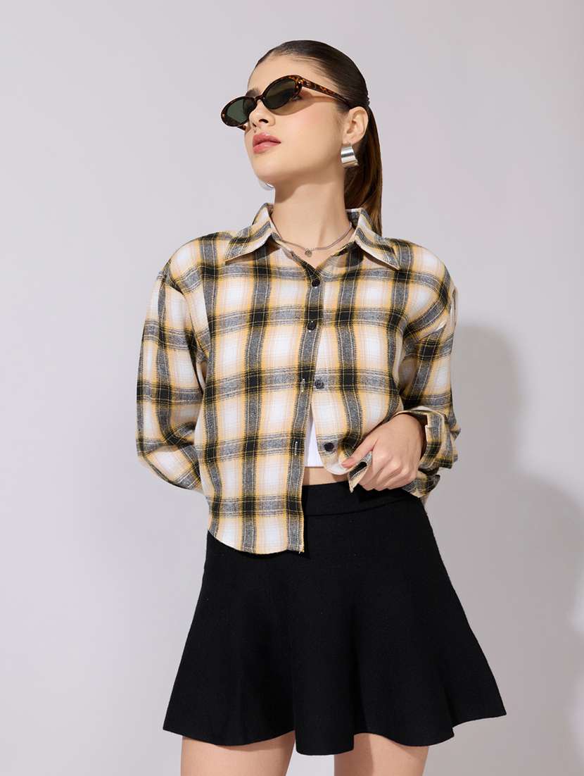 women checkered collared long sleeve crop shirt