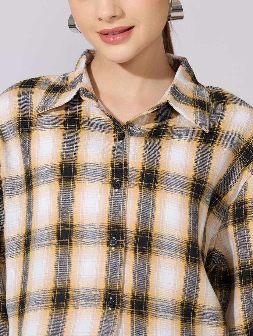 women checkered collared long sleeve crop shirt - 22381110 -  Standard Image - 1